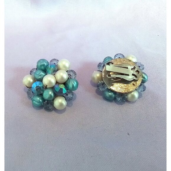 Vintage Cluster Clip-On Earrings with Faux Pearls & Blue Beads - Picture 2 of 3